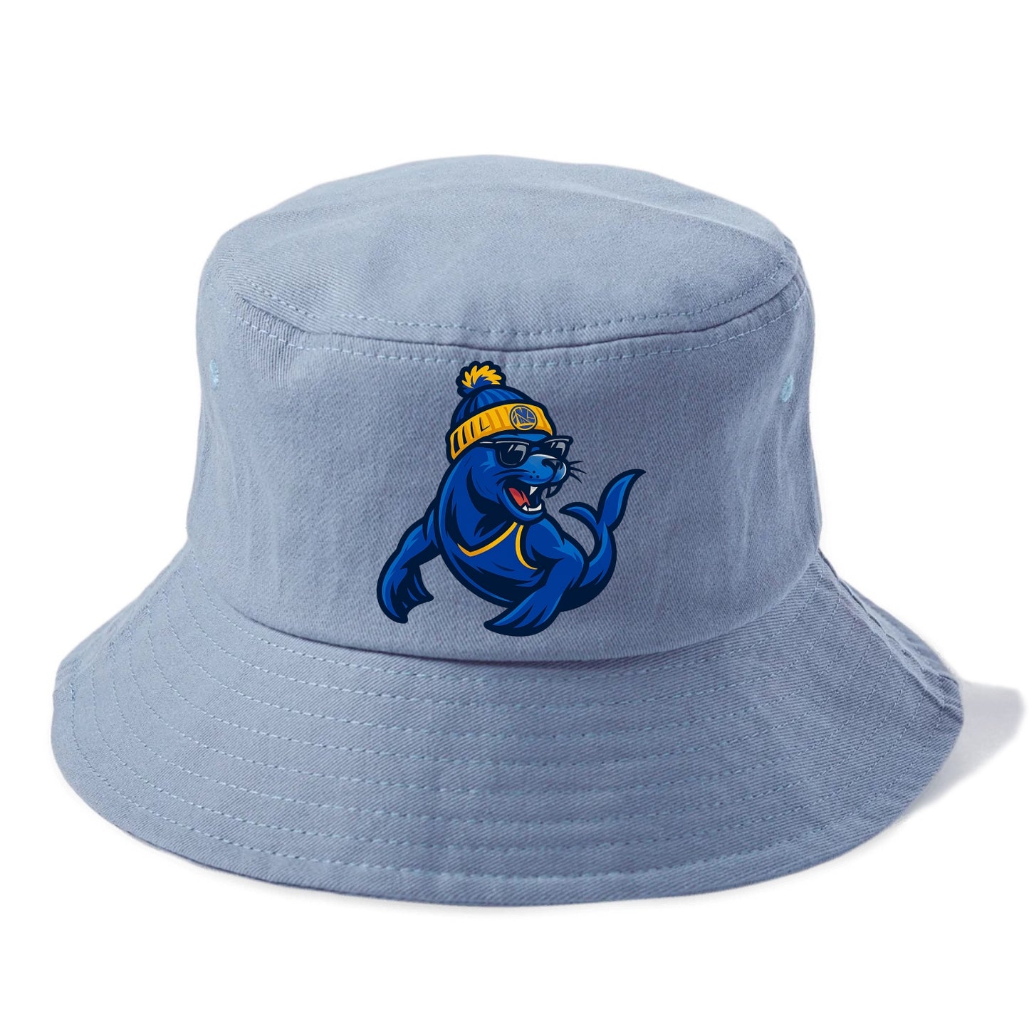 Bay Area Sea Lion wearing Warriors blue and gold beanie with Golden Gate and wayfarer - Bucket Hat - Summer Sky(Blue)