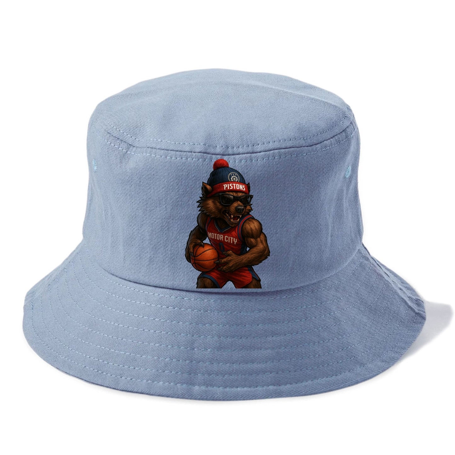 Motor City Wolverine wearing Pistons beanie with gear patch and wayfarer sunglasses - Bucket Hat - Summer Sky(Blue)
