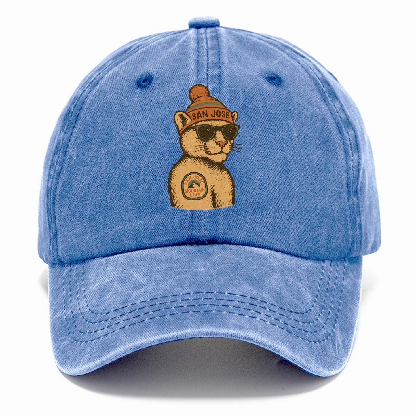 San Jose Mountain Lion wearing San Jose beanie with pom pom and wayfarer sunglasses - Classic Cap - Summer Sky(Blue)