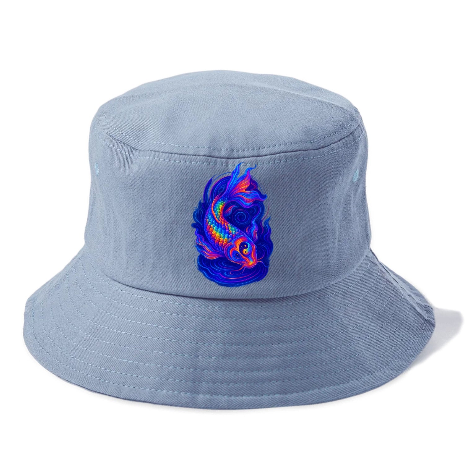 Sacred koi with scales reflecting rainbow prisms, yin-yang patterns in cosmic colors, - Bucket Hat - Summer Sky(Blue)