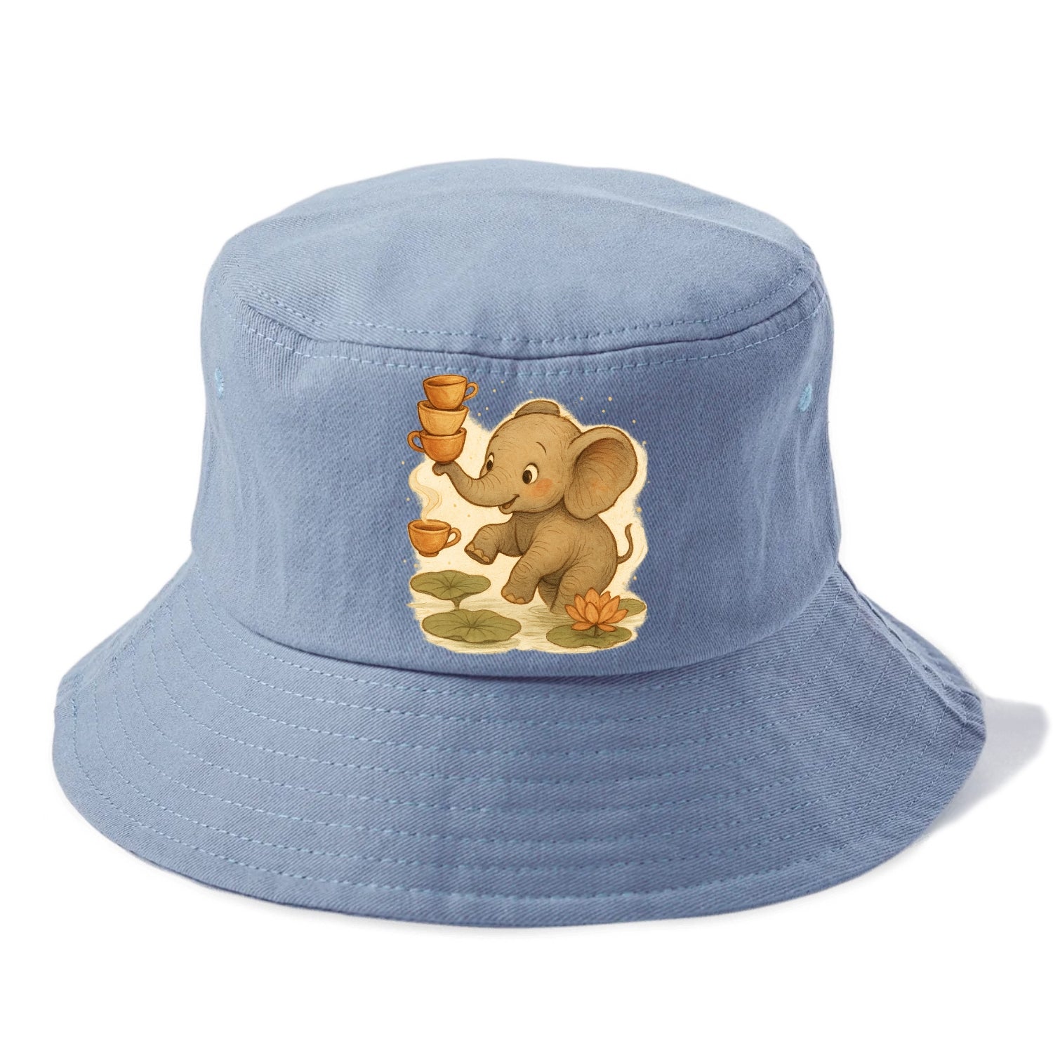 Elephant balancing teacups during a floating tea ceremony beside lotus ponds - Bucket Hat - Summer Sky(Blue)