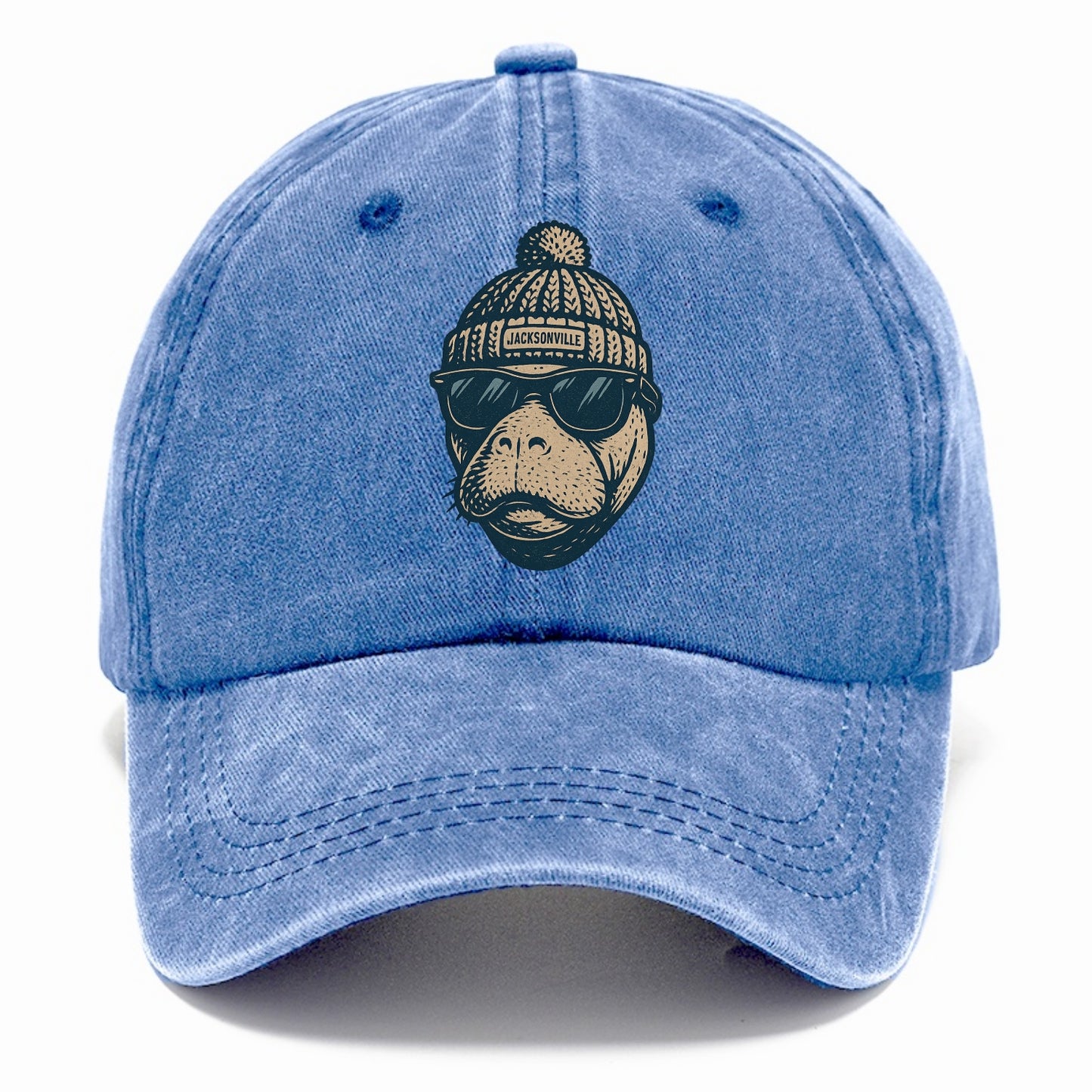 Jacksonville Manatee wearing Jacksonville beanie with pom pom and wayfarer sunglasses - Classic Cap - Summer Sky(Blue)
