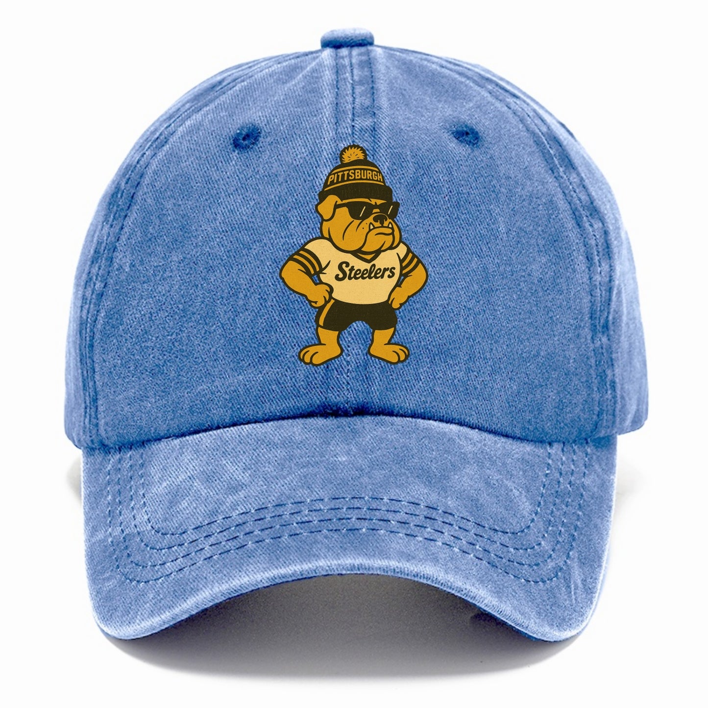Pittsburgh Bulldog wearing Steelers black and gold beanie with pom pom and wayfarer - Classic Cap - Summer Sky(Blue)