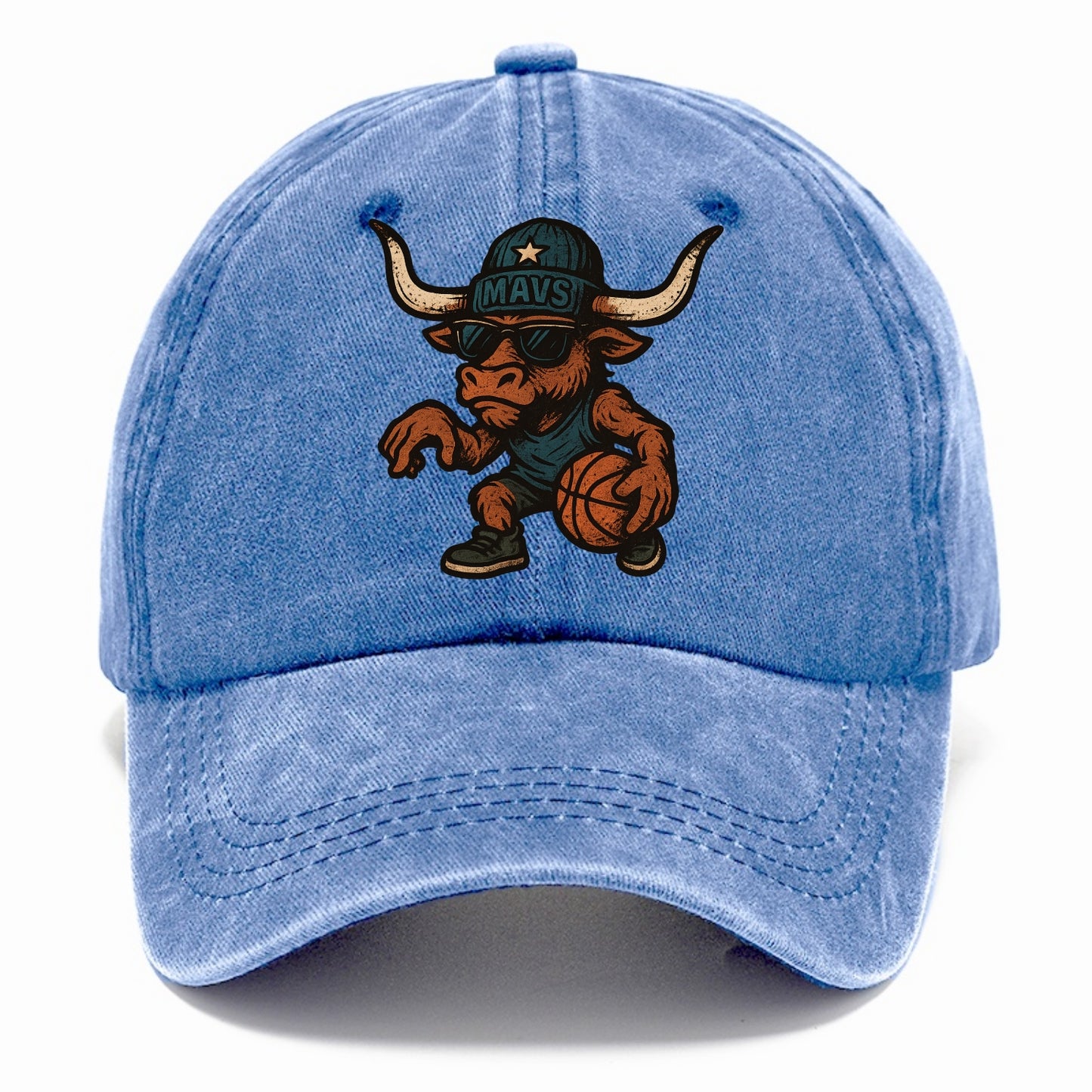Texas Longhorn wearing Mavs beanie with lone star patch and wayfarer sunglasses - Classic Cap - Summer Sky(Blue)