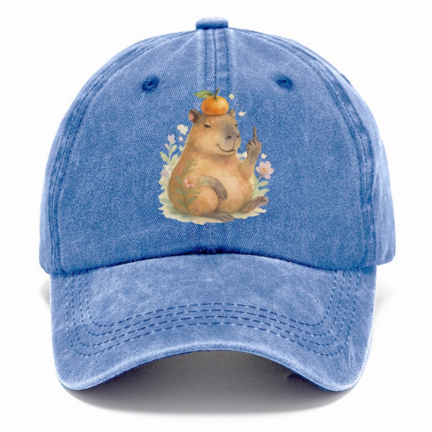 chonky capybara relaxing with orange on head, one webbed middle finger up - Classic Cap - Summer Sky(Blue)