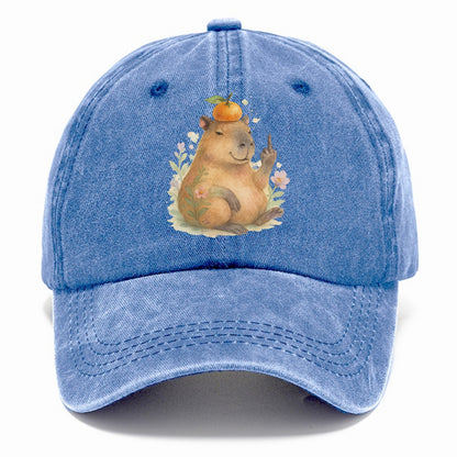 chonky capybara relaxing with orange on head, one webbed middle finger up - Classic Cap - Summer Sky(Blue)