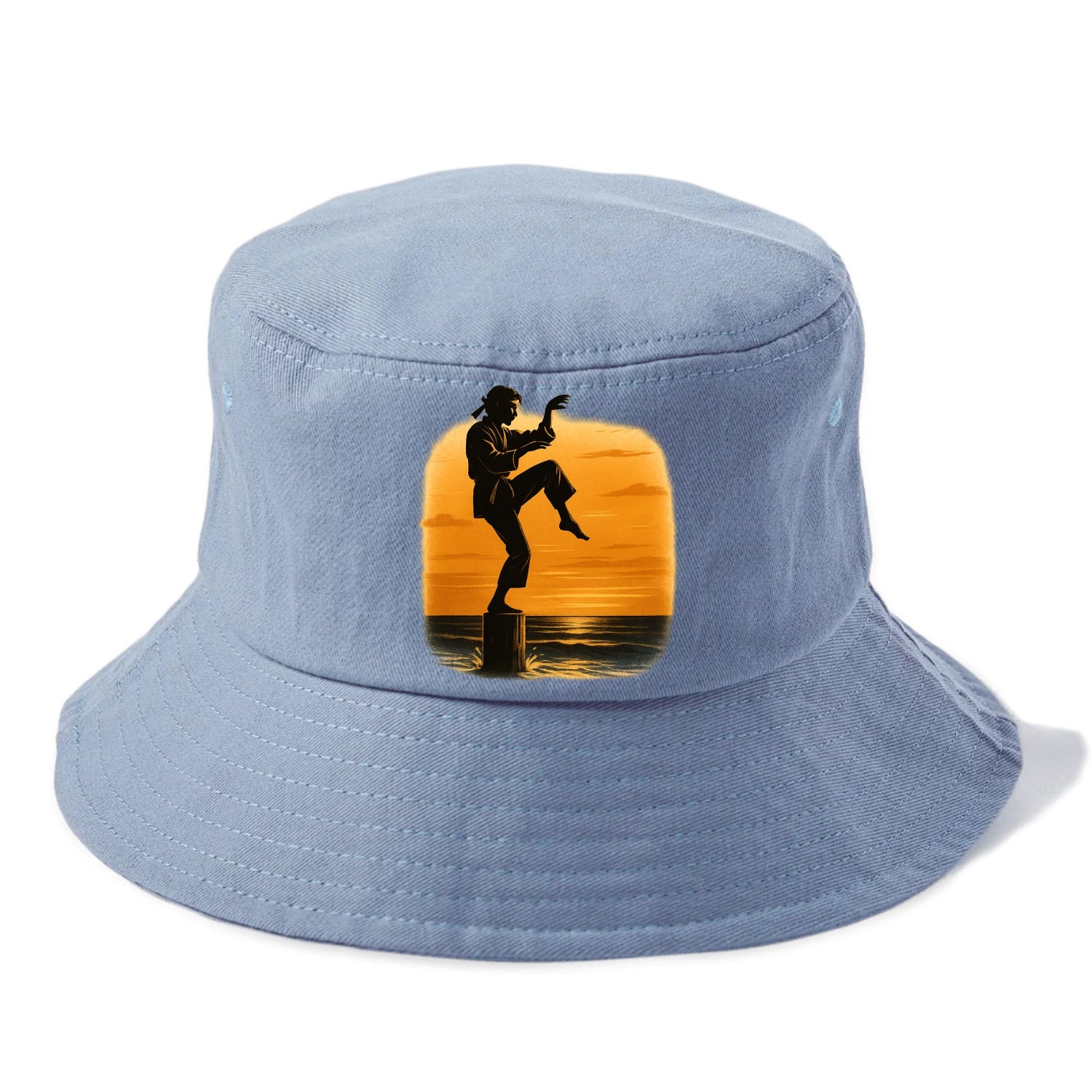 karate crane kick pose on wooden post at beach sunset - Bucket Hat - Summer Sky(Blue)