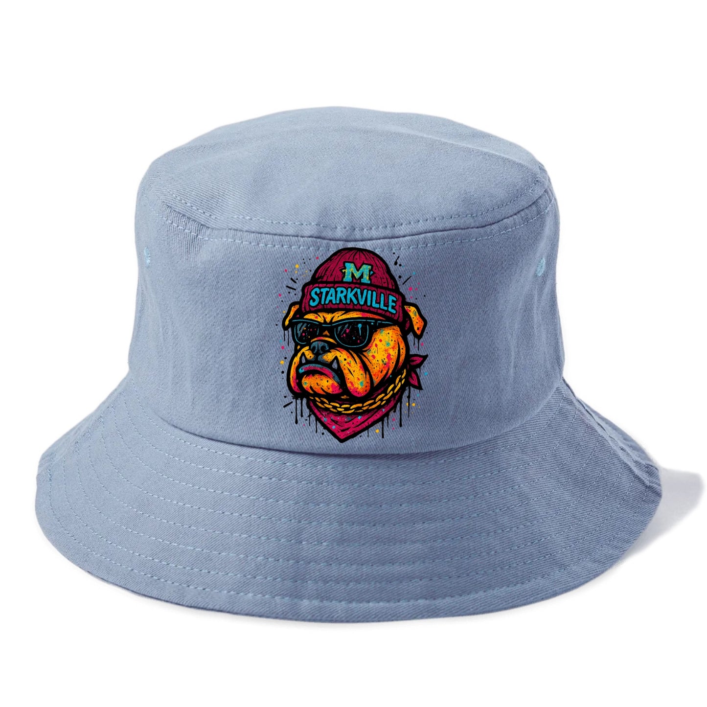 Starkville Bulldog wearing Mississippi State beanie with M patch - Bucket Hat - Summer Sky(Blue)