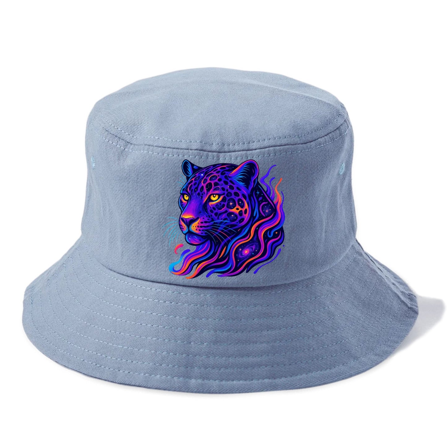 Powerful jaguar with rosettes containing miniature galaxies, cosmic purple and orange - Bucket Hat - Summer Sky(Blue)