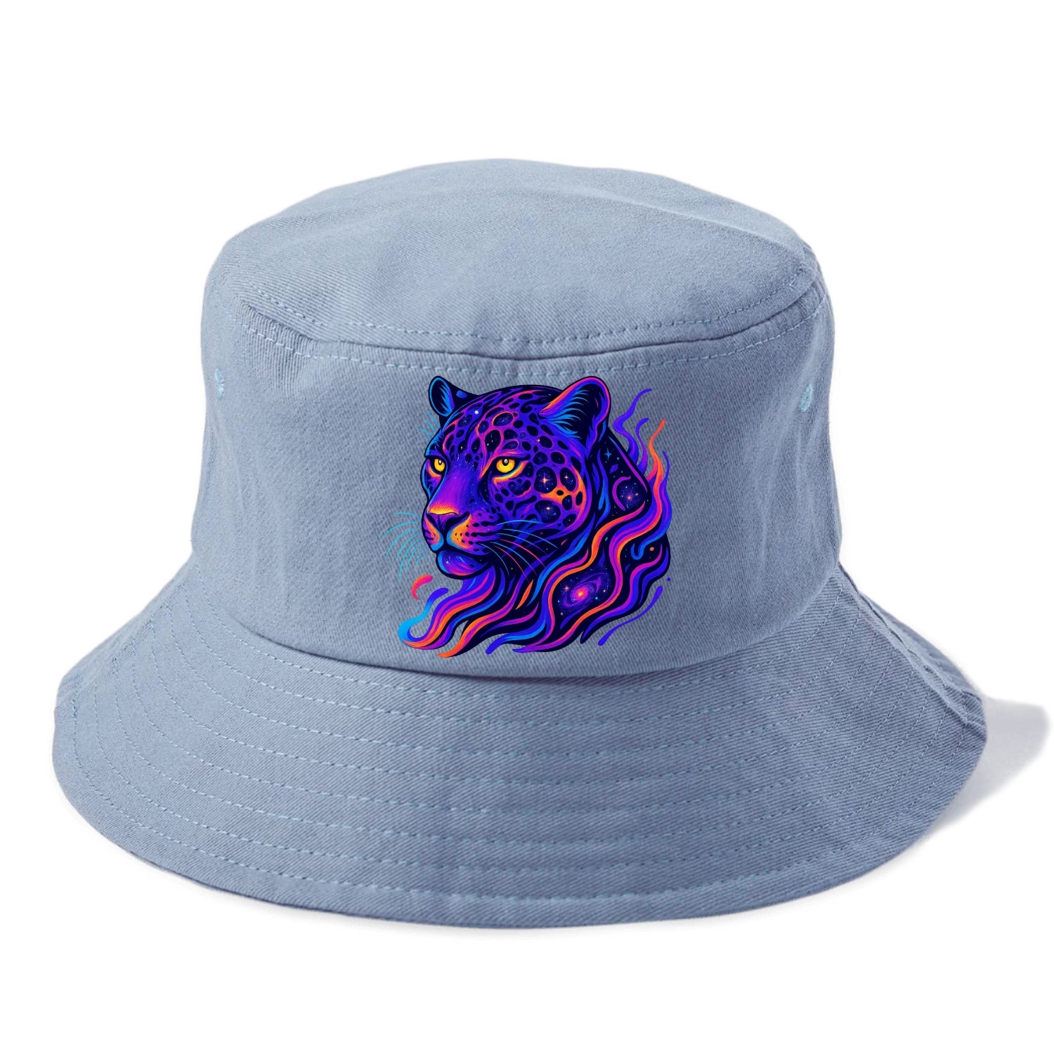 Powerful jaguar with rosettes containing miniature galaxies, cosmic purple and orange - Bucket Hat - Summer Sky(Blue)