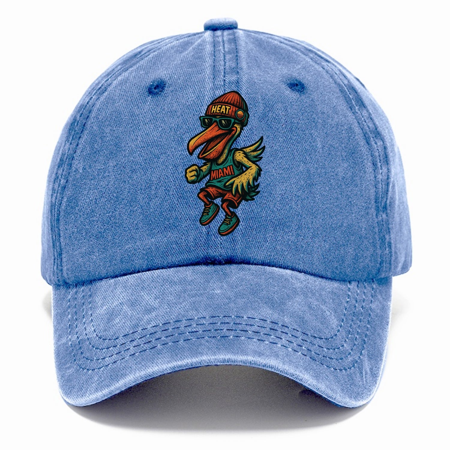 Miami Pelican wearing Heat beanie with sunset patch and wayfarer sunglasses - Classic Cap - Summer Sky(Blue)