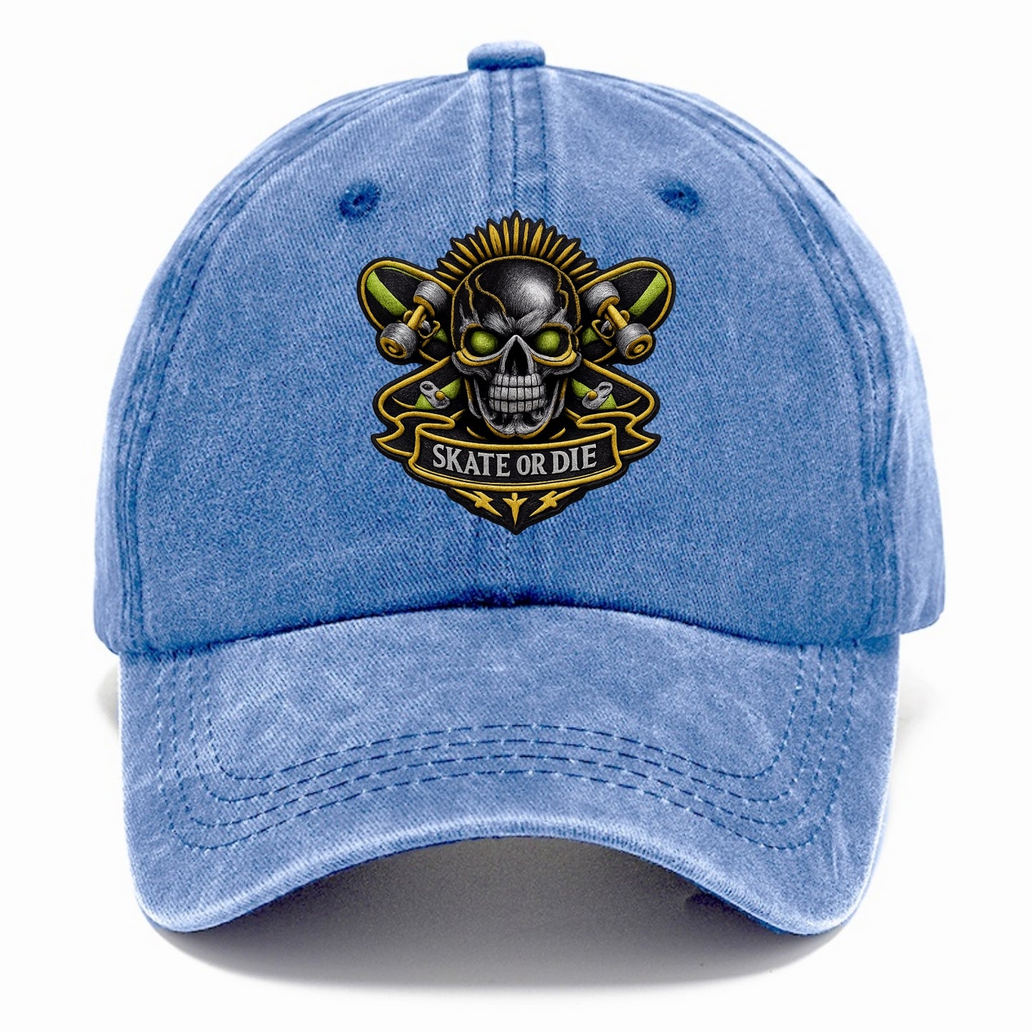 Embroidered patch design - SKATEBOARD SKULL - skull with skateboard in black and neon - Classic Cap - Summer Sky(Blue)