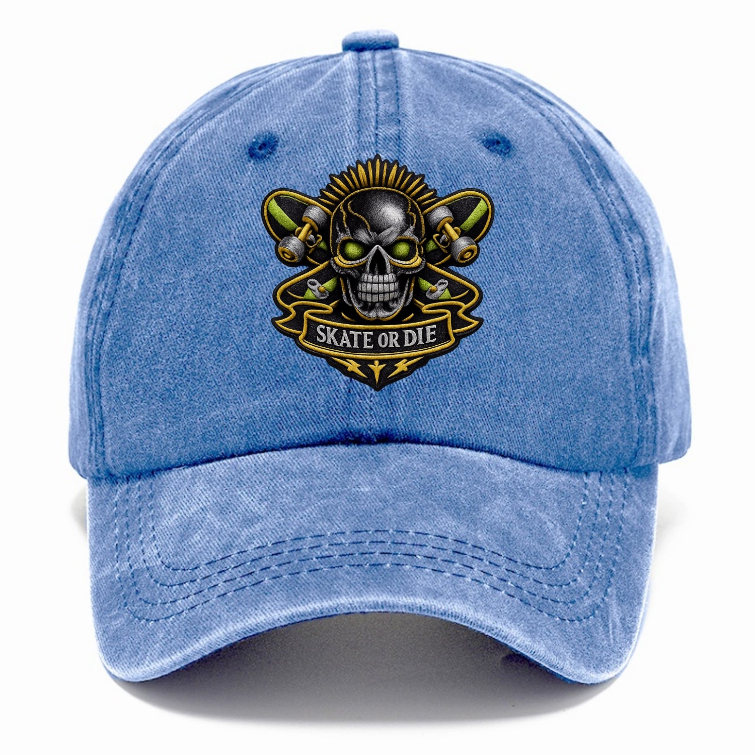 Embroidered patch design - SKATEBOARD SKULL - skull with skateboard in black and neon - Classic Cap - Summer Sky(Blue)