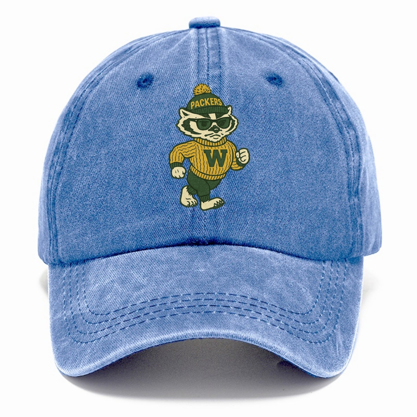 Wisconsin Badger wearing Packers green and gold beanie with pom pom and wayfarer - Classic Cap - Summer Sky(Blue)