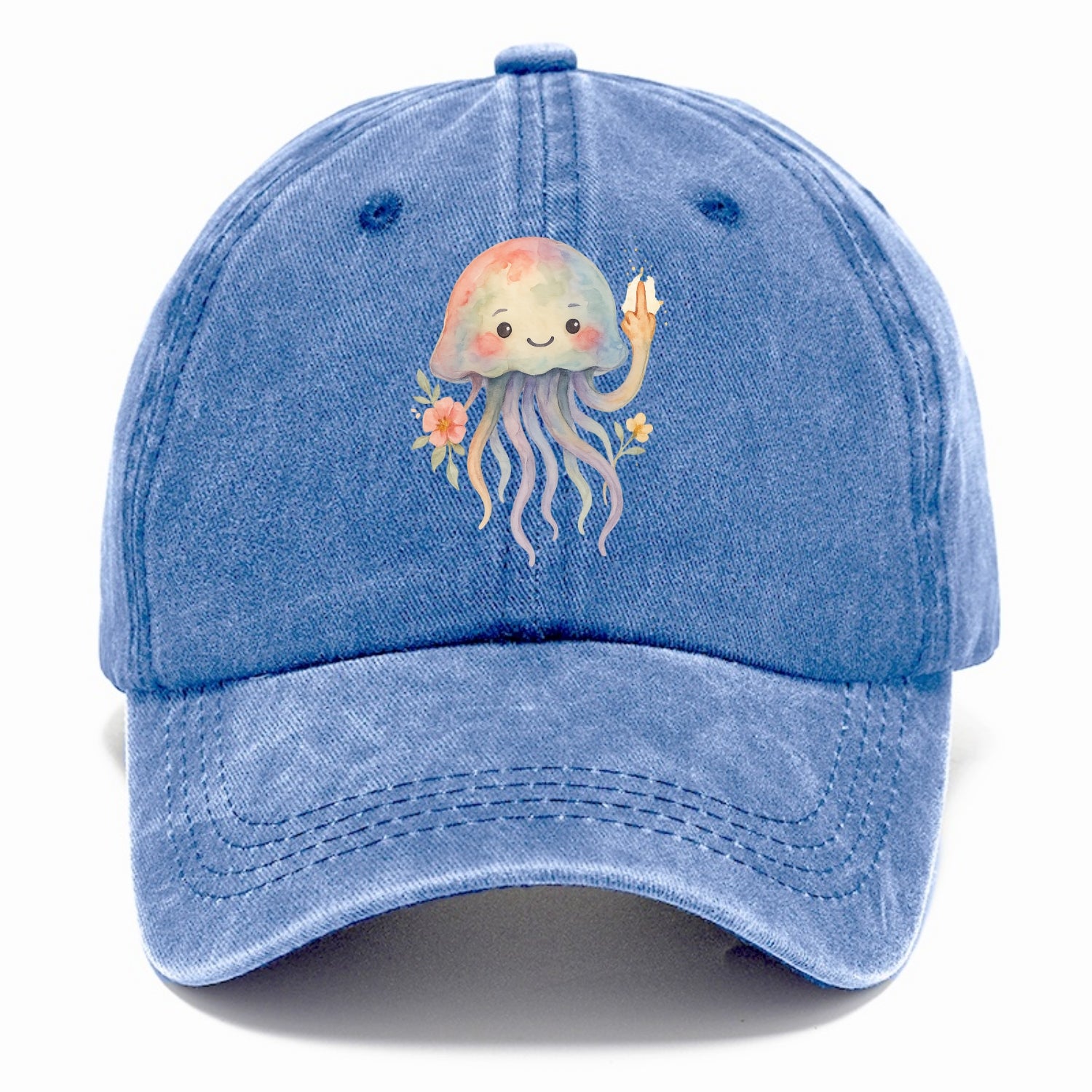 jellyfish with kawaii face and tentacles, one tentacle pointing up defiantly - Classic Cap - Summer Sky(Blue)