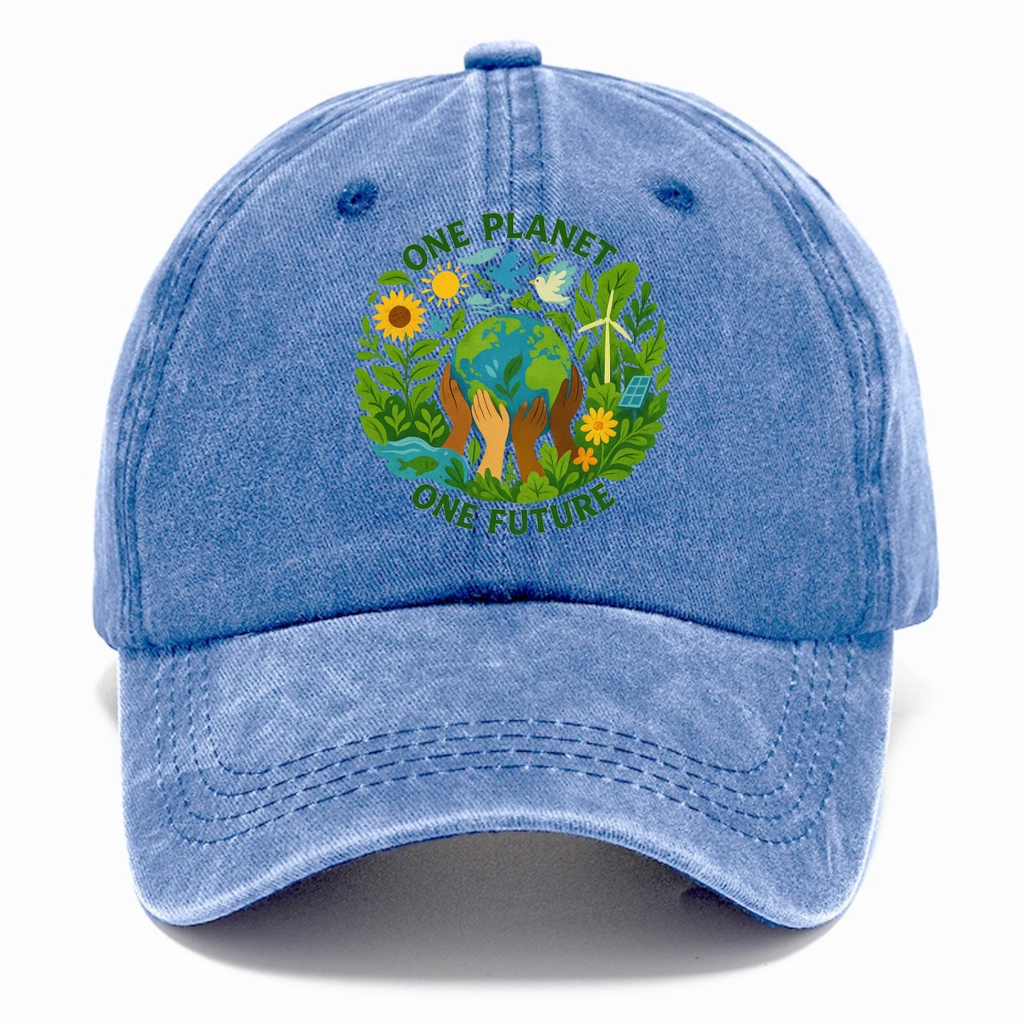Globe surrounded by hands of all colors working together - "One Planet, One Future" - - Classic Cap - Summer Sky(Blue)