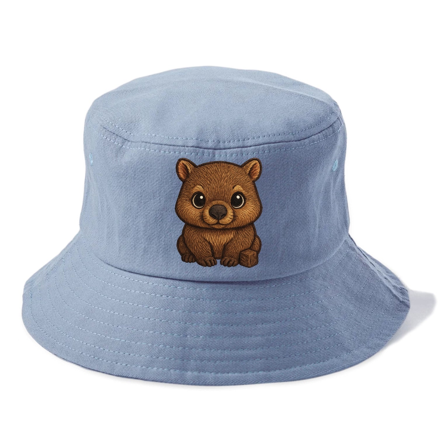 Baby Wombat - brown fur, square nose, small ears, dark eyes, front-facing, cube poop - Bucket Hat - Summer Sky(Blue)