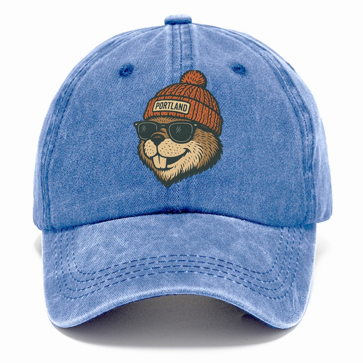 Oregon Beaver wearing Portland beanie with pom pom and wayfarer sunglasses - Classic Cap - Summer Sky(Blue)