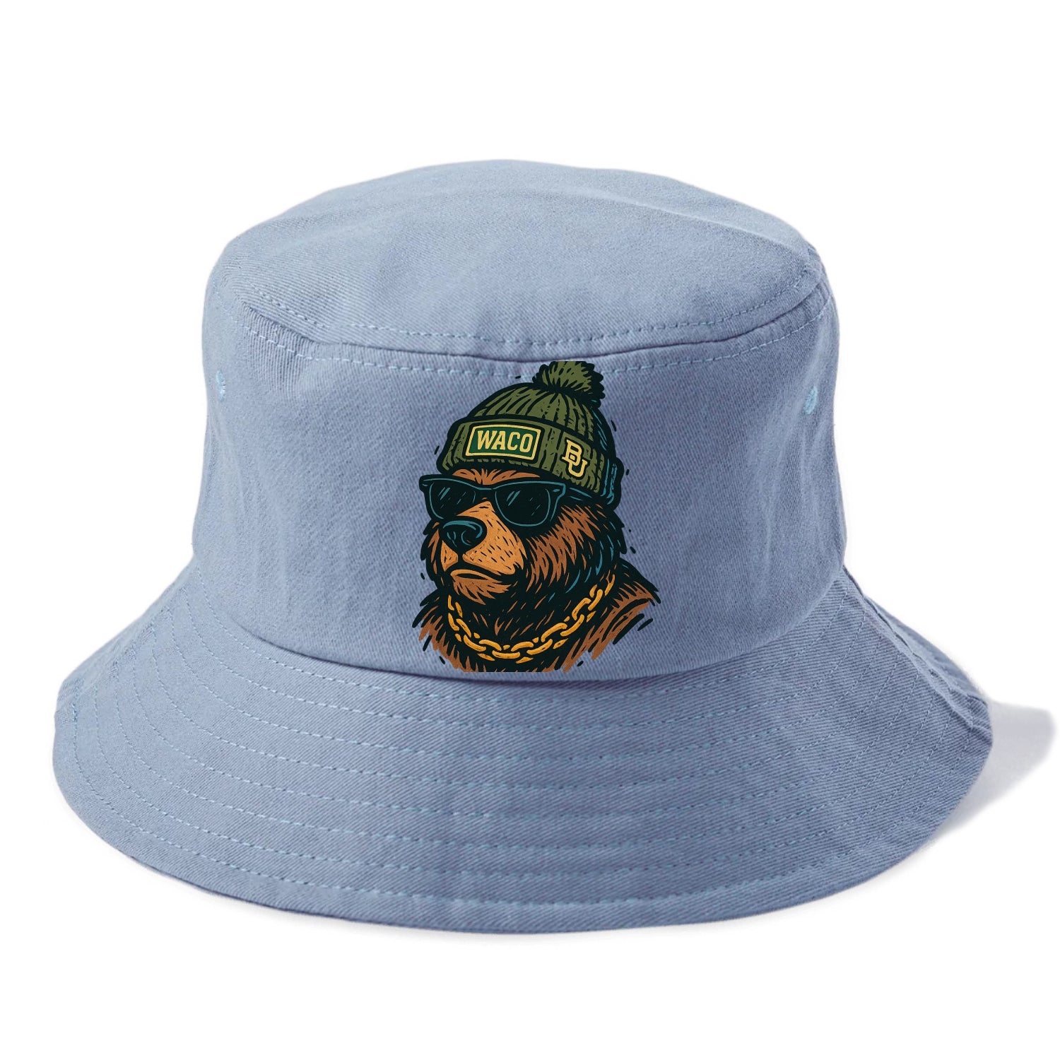 Waco Bear wearing Baylor beanie with BU patch - Bucket Hat - Summer Sky(Blue)