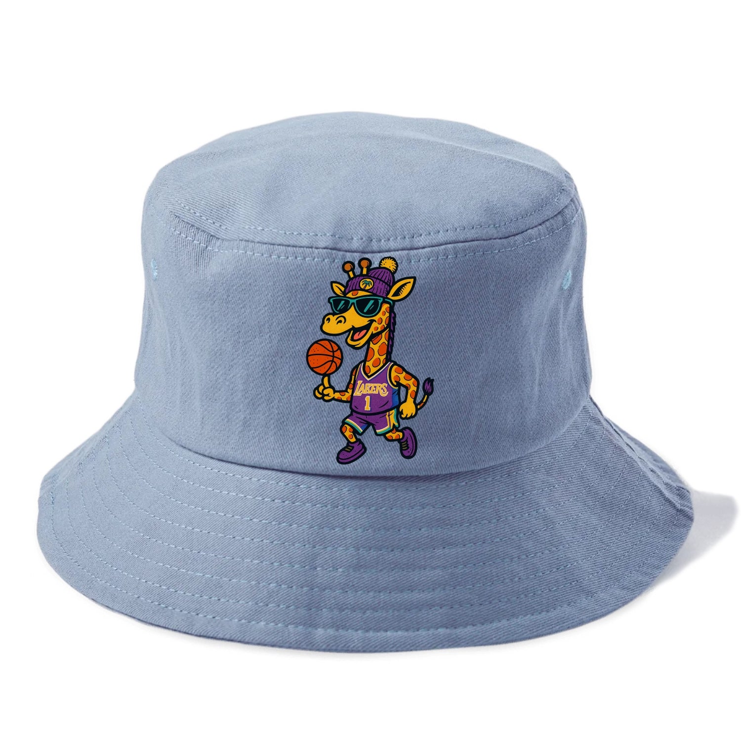 California Giraffe wearing Lakers beanie with palm tree patch and wayfarer sunglasses - Bucket Hat - Summer Sky(Blue)