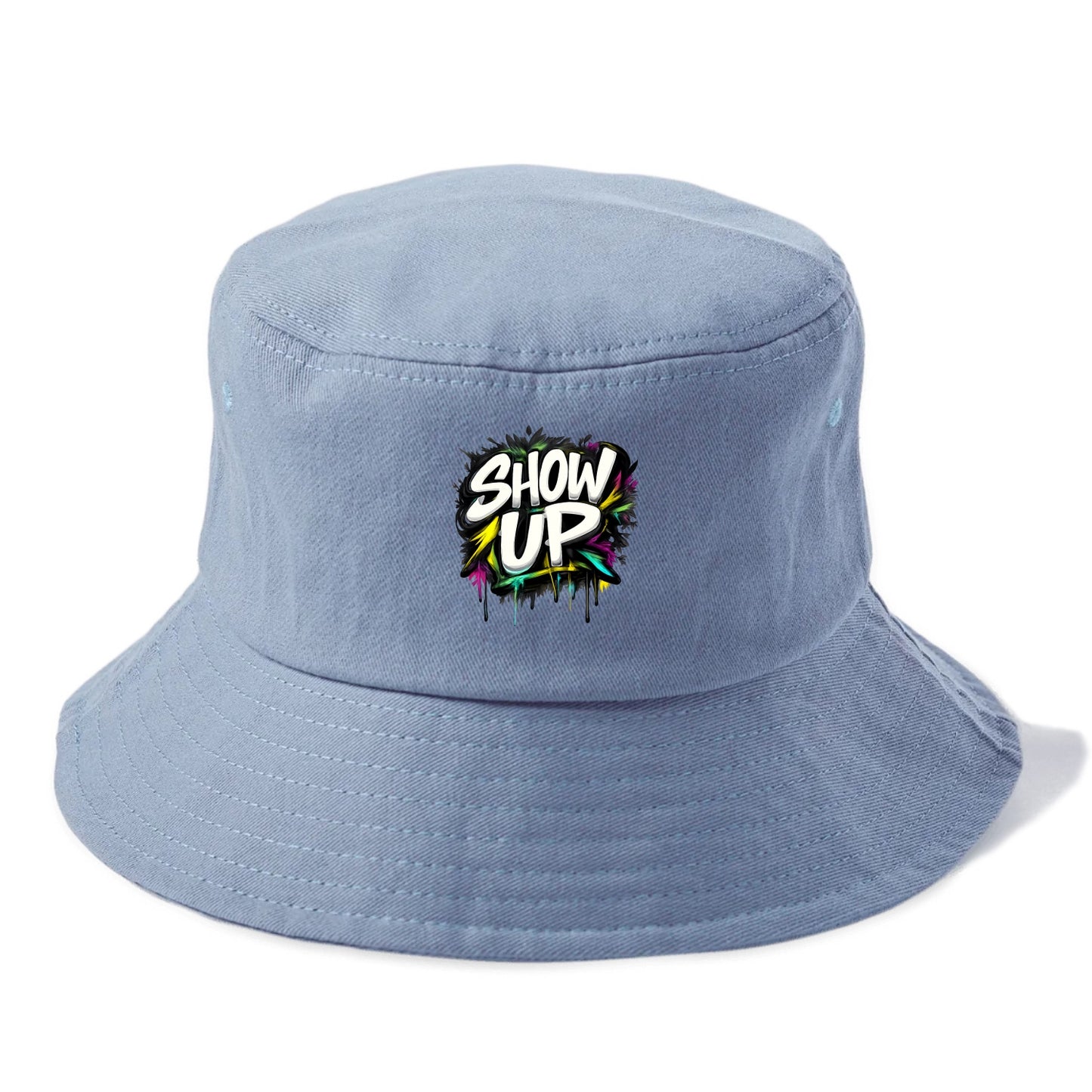 Bold typography design - "SHOW UP" - be present, arrive ready - Bucket Hat - Summer Sky(Blue)