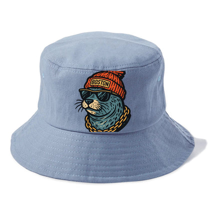 Boston Harbor Seal wearing Boston beanie with pom pom and wayfarer sunglasses - Bucket Hat - Summer Sky(Blue)