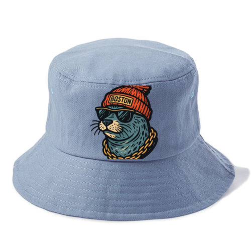 Boston Harbor Seal wearing Boston beanie with pom pom and wayfarer sunglasses - Bucket Hat