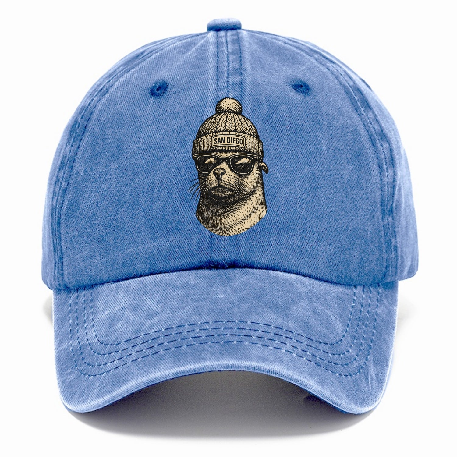 San Diego Sea Lion wearing San Diego beanie with pom pom and wayfarer sunglasses - Classic Cap - Summer Sky(Blue)