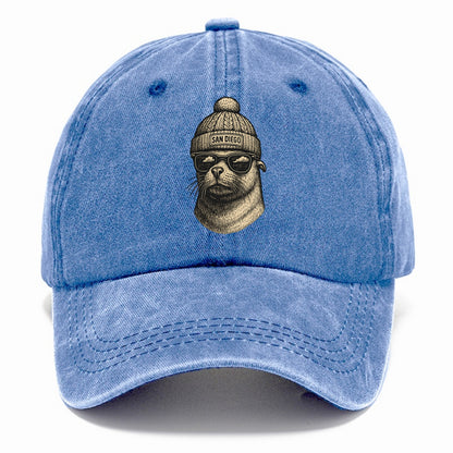 San Diego Sea Lion wearing San Diego beanie with pom pom and wayfarer sunglasses - Classic Cap - Summer Sky(Blue)