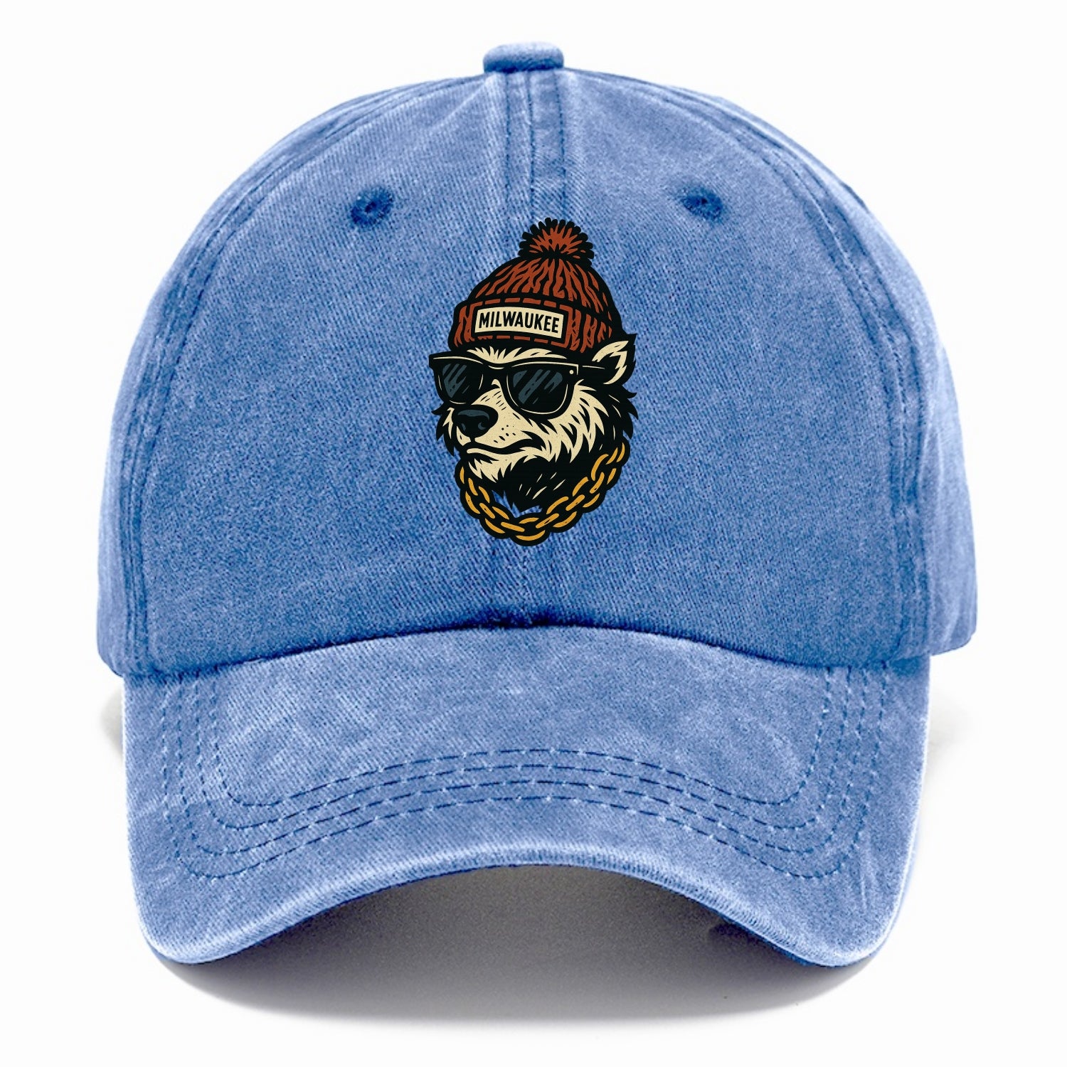 Milwaukee Badger wearing Milwaukee beanie with pom pom and wayfarer sunglasses - Classic Cap - Summer Sky(Blue)