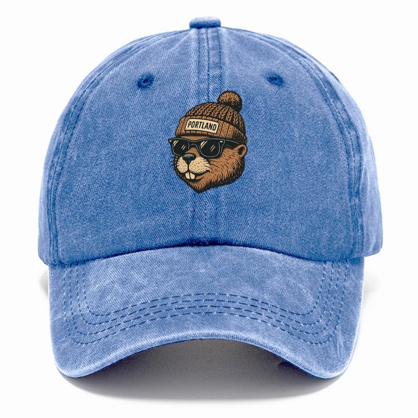 Portland Beaver wearing Portland beanie with pom pom and wayfarer sunglasses - Classic Cap - Summer Sky(Blue)
