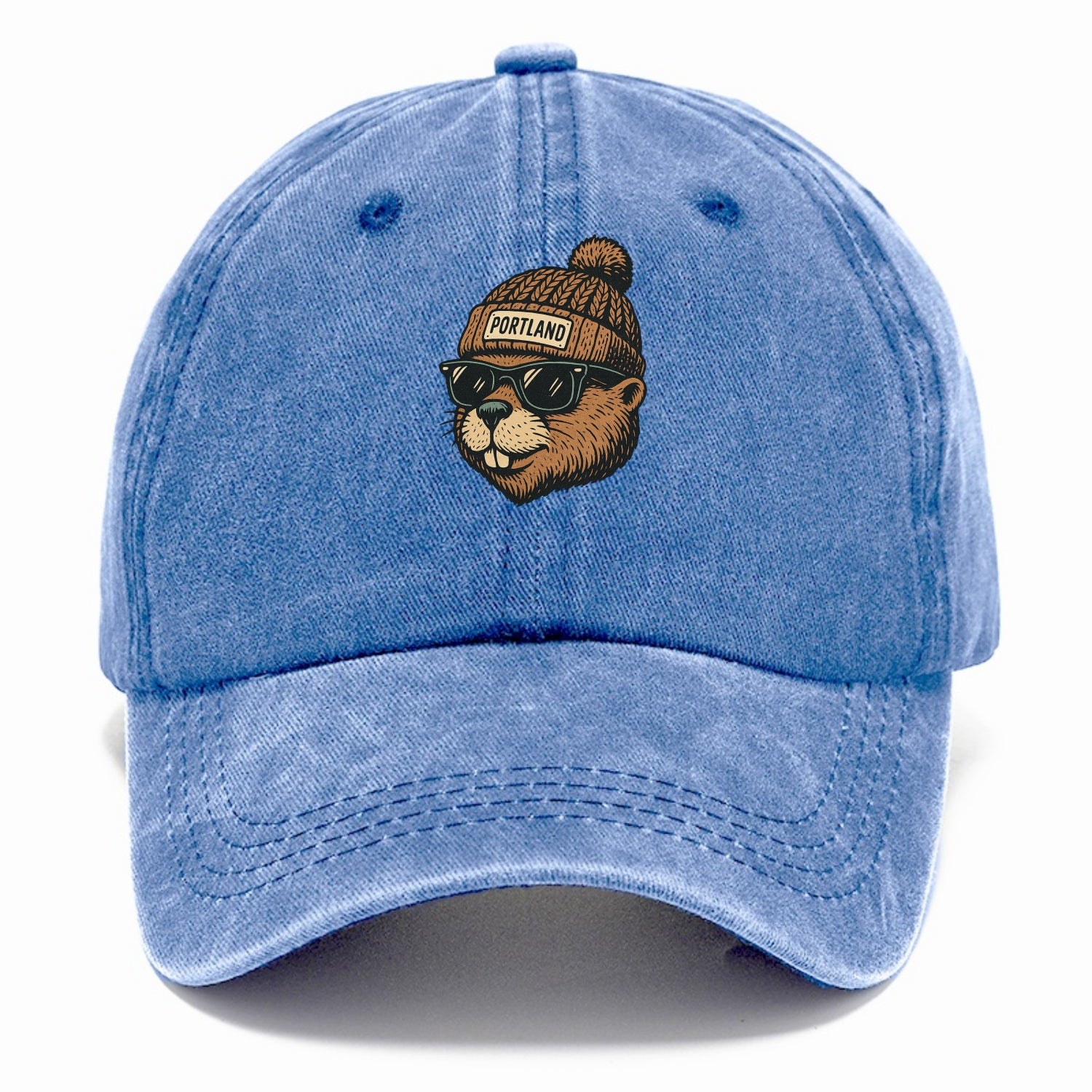 Portland Beaver wearing Portland beanie with pom pom and wayfarer sunglasses - Classic Cap - Summer Sky(Blue)