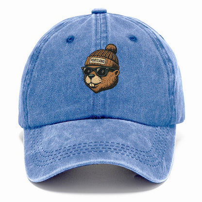 Portland Beaver wearing Portland beanie with pom pom and wayfarer sunglasses - Classic Cap - Summer Sky(Blue)
