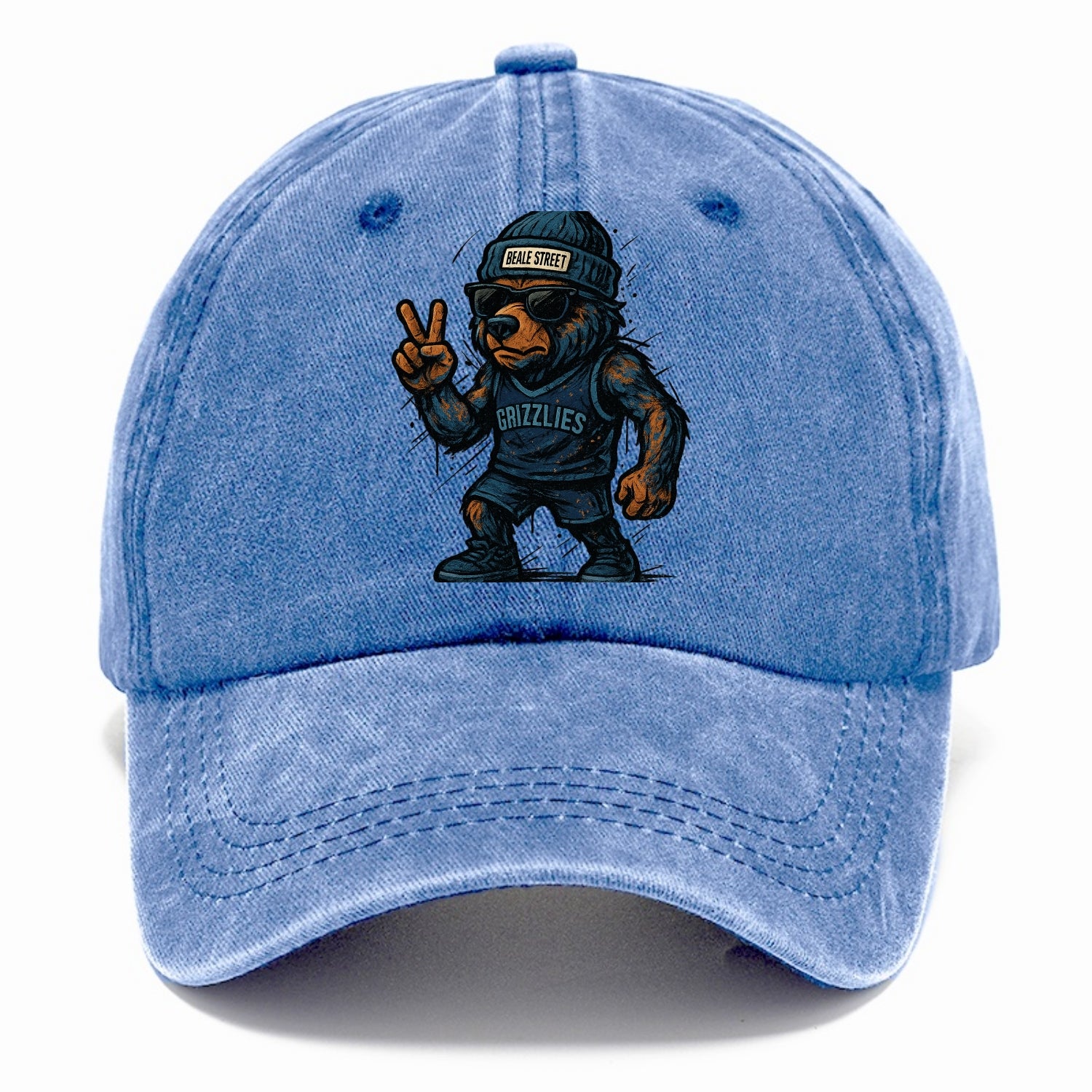 Memphis Grizzly Bear wearing Grizzlies navy and light blue beanie with Beale Street - Classic Cap - Summer Sky(Blue)