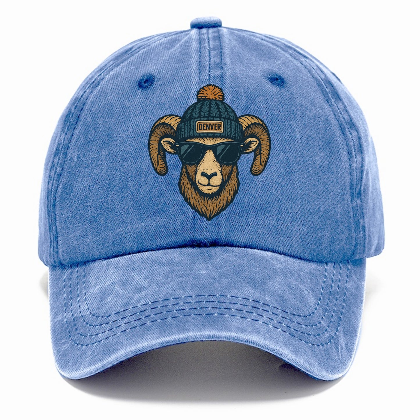 Colorado Rocky Mountain Bighorn Sheep wearing Denver beanie with pom pom and wayfarer - Classic Cap - Summer Sky(Blue)