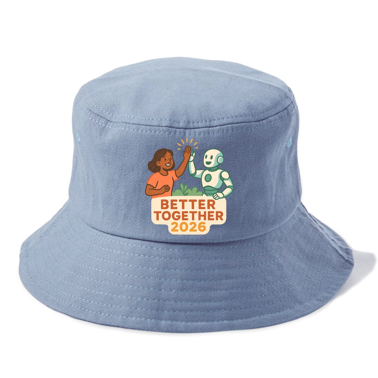 Human and AI robot high-fiving as collaborative partners - "Better Together 2026" - - Bucket Hat - Summer Sky(Blue)