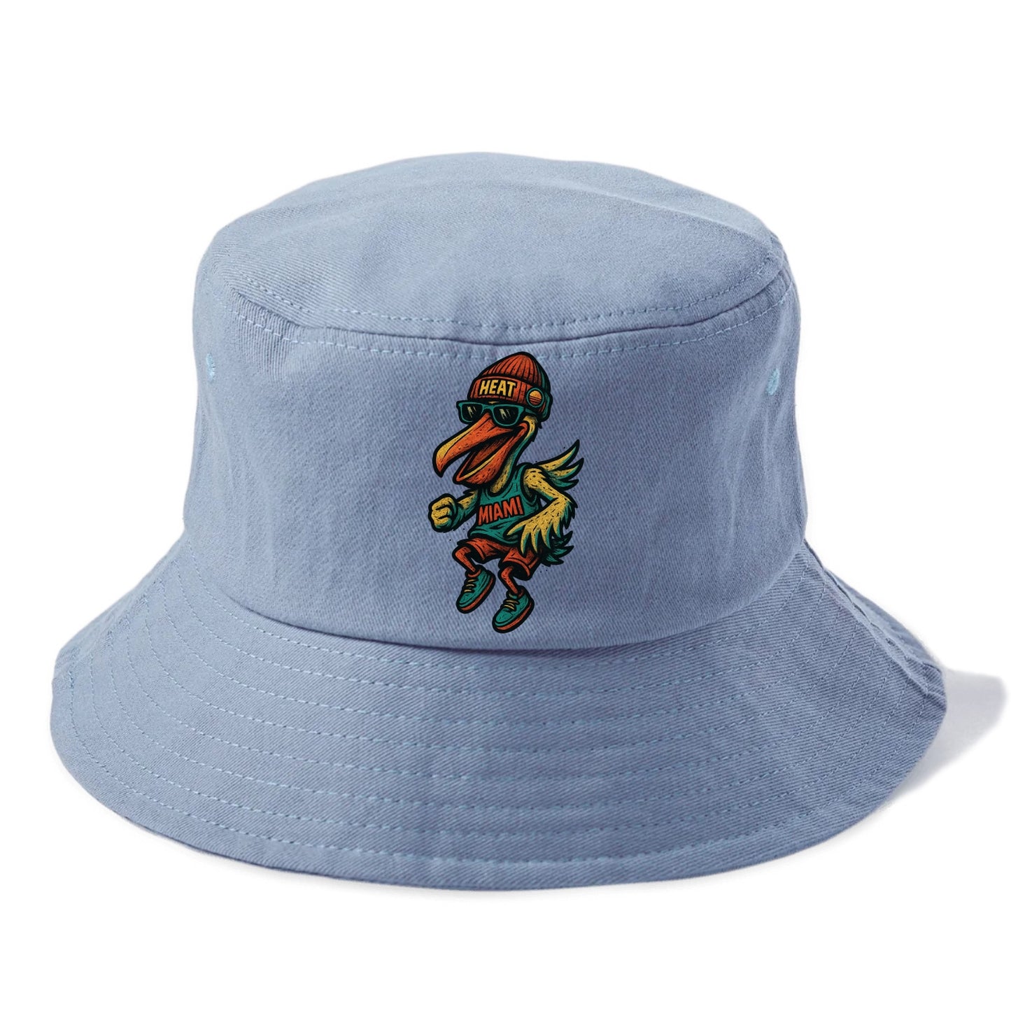 Miami Pelican wearing Heat beanie with sunset patch and wayfarer sunglasses - Bucket Hat - Summer Sky(Blue)