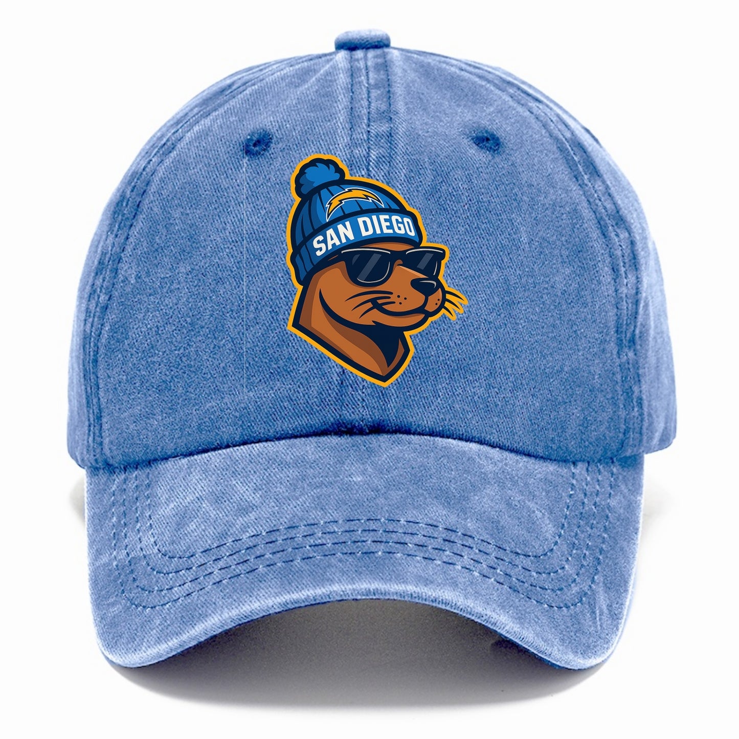 San Diego Sea Lion wearing Chargers beanie with bolt patch and wayfarer sunglasses - Classic Cap - Summer Sky(Blue)