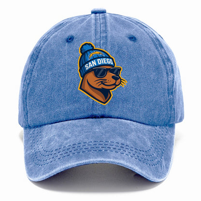 San Diego Sea Lion wearing Chargers beanie with bolt patch and wayfarer sunglasses - Classic Cap - Summer Sky(Blue)