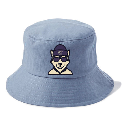 Seattle Husky wearing Washington beanie with W patch - Bucket Hat - Summer Sky(Blue)