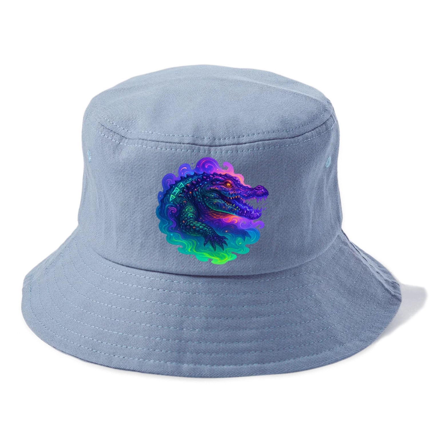 Primordial crocodile with scales pulsing plasma energy in green and purple, ancient - Bucket Hat - Summer Sky(Blue)