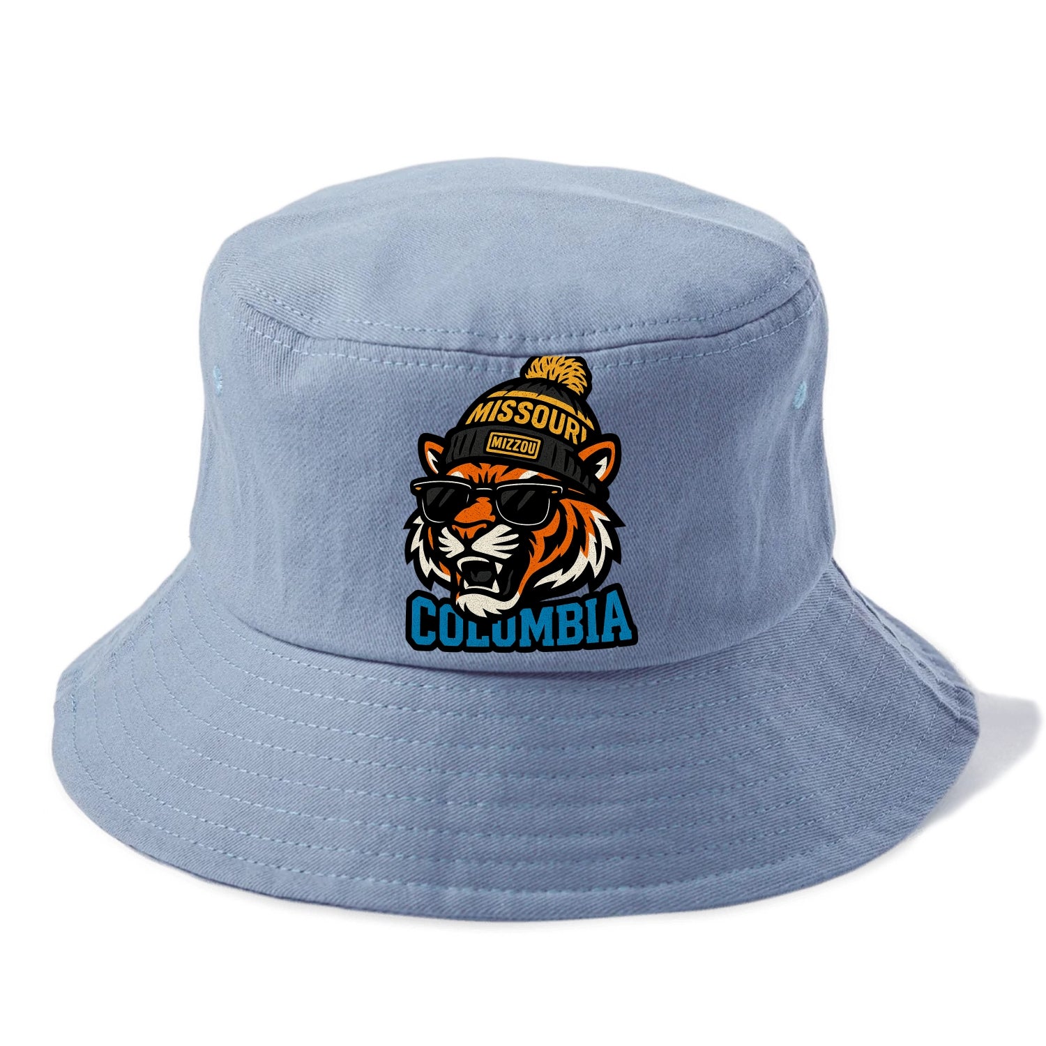 Columbia Tiger wearing Missouri beanie with Mizzou patch - Bucket Hat - Summer Sky(Blue)
