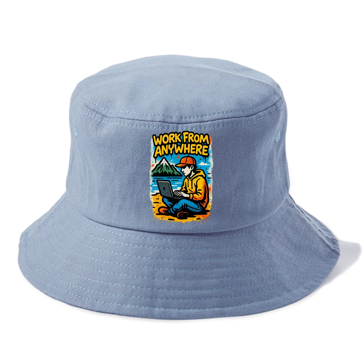 Digital nomad with laptop on beach/mountain - work from anywhere lifestyle, location - Bucket Hat - Summer Sky(Blue)