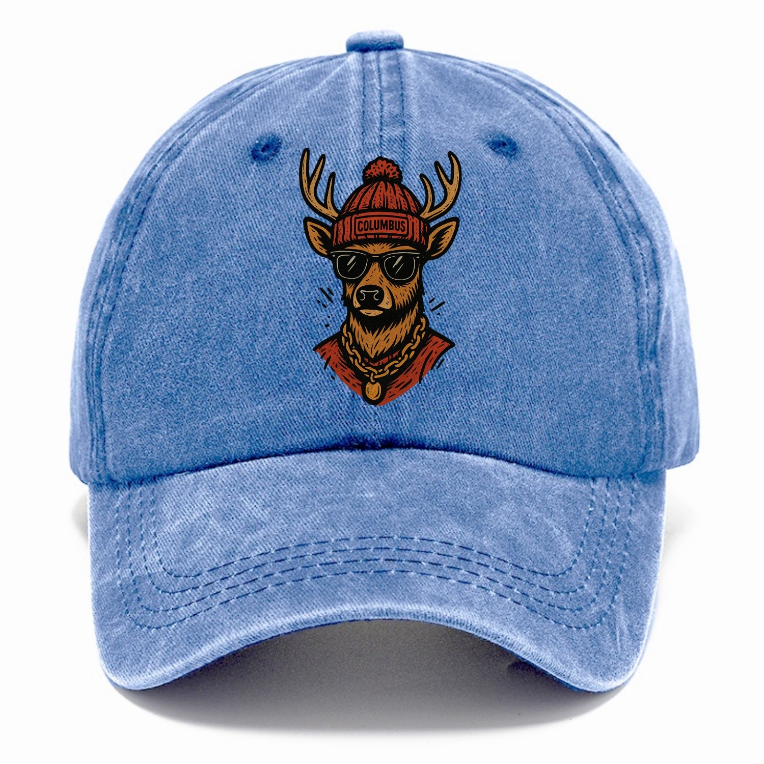 Columbus White-tailed Deer wearing Columbus beanie with pom pom and wayfarer - Classic Cap - Summer Sky(Blue)