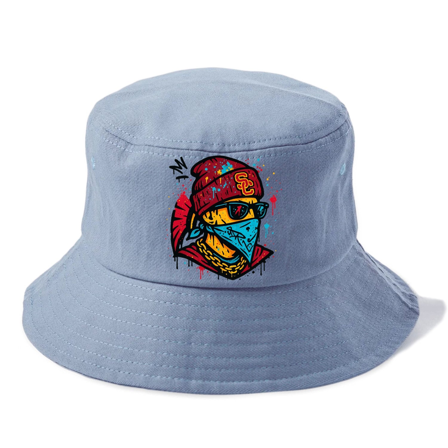 Los Angeles Trojan wearing USC beanie with SC patch - Bucket Hat - Summer Sky(Blue)