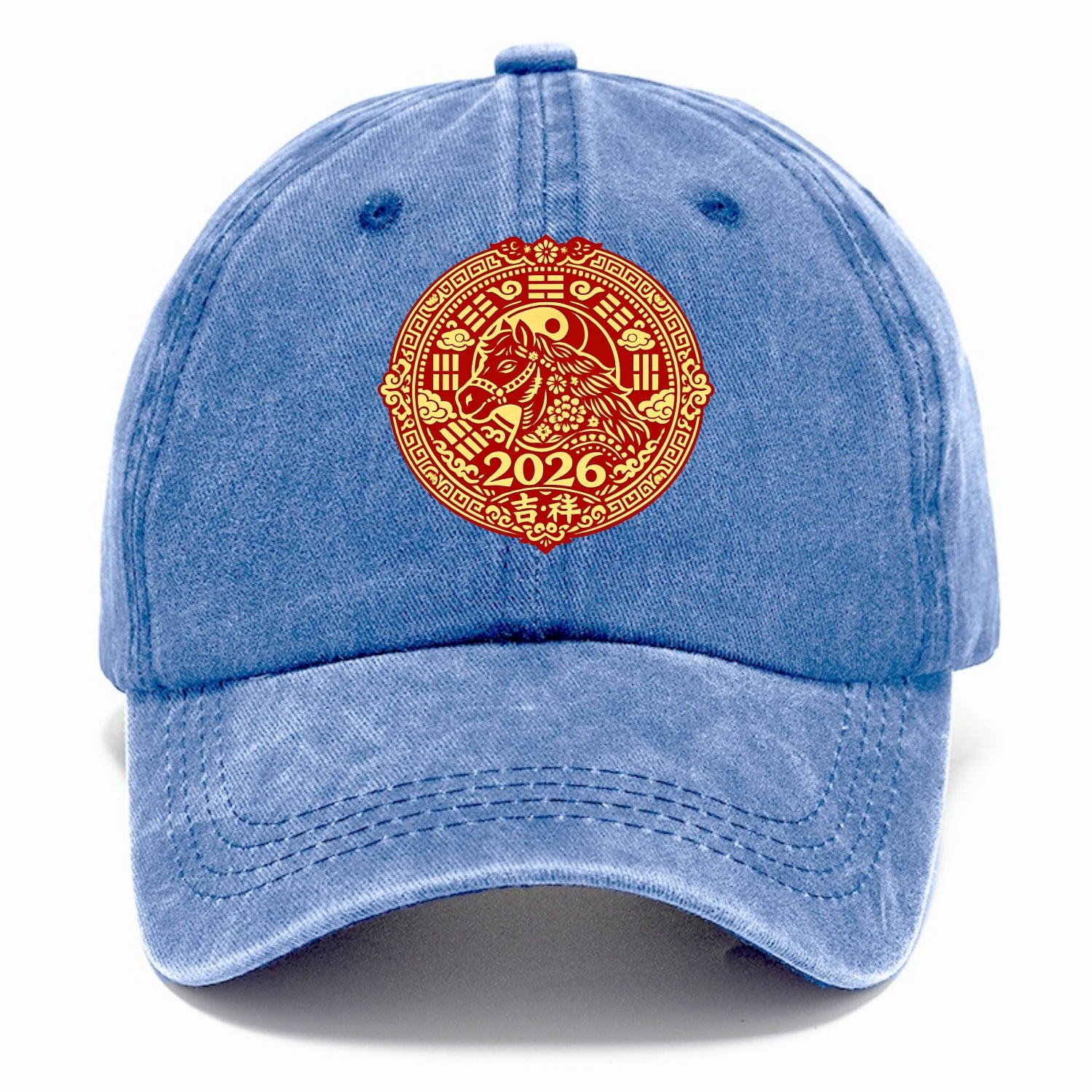 LUCKY HORSE MEDALLION | Circular medallion with horse profile | Intricate Chinese - Classic Cap - Summer Sky(Blue)
