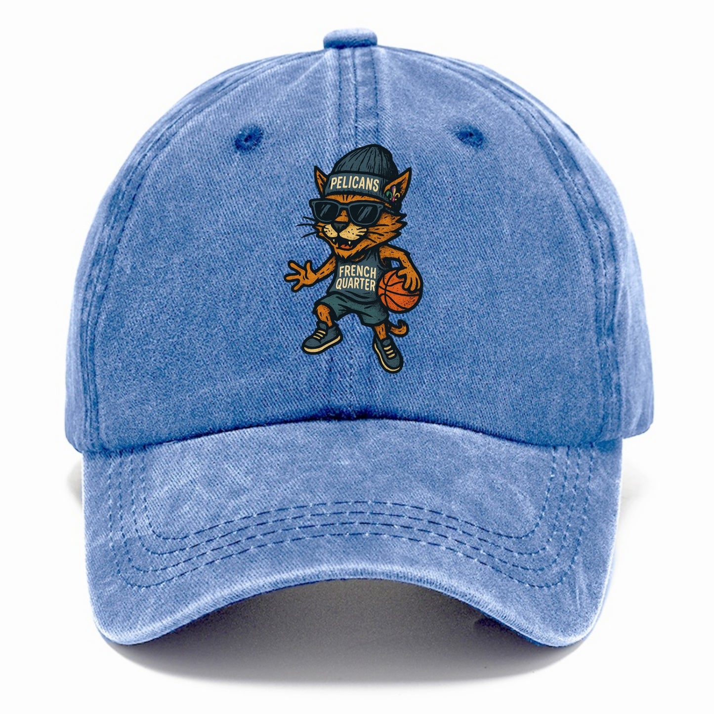 French Quarter Cat wearing Pelicans beanie with Mardi Gras patch and wayfarer - Classic Cap - Summer Sky(Blue)