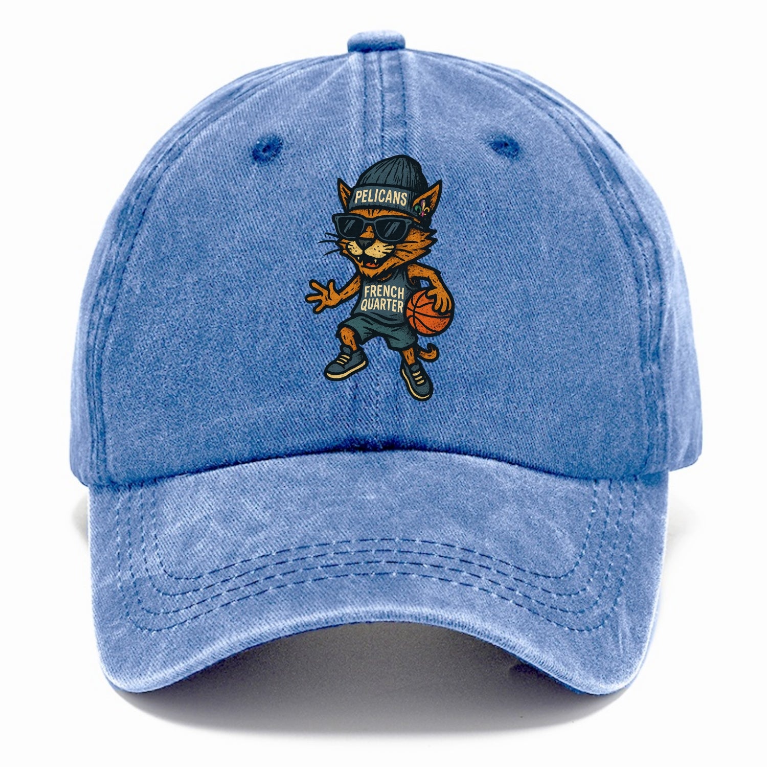 French Quarter Cat wearing Pelicans beanie with Mardi Gras patch and wayfarer - Classic Cap - Summer Sky(Blue)