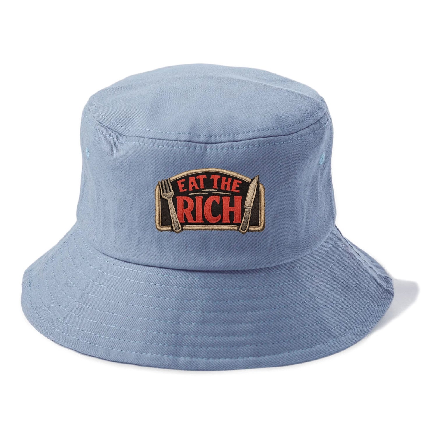EAT THE RICH - fork and knife with text in red and silver , class war - Bucket Hat - Summer Sky(Blue)
