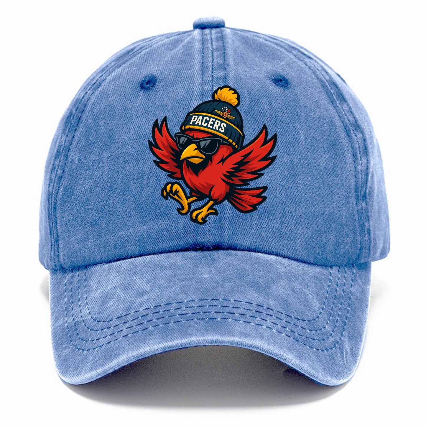 Indiana Cardinal wearing Pacers beanie with speedway patch and wayfarer sunglasses - Classic Cap - Summer Sky(Blue)